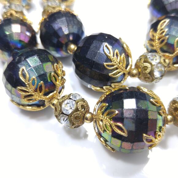 Deauville Black Faceted Lucite Bead Necklace Rhinestone Gold Tone 1950s - Picture 8 of 10